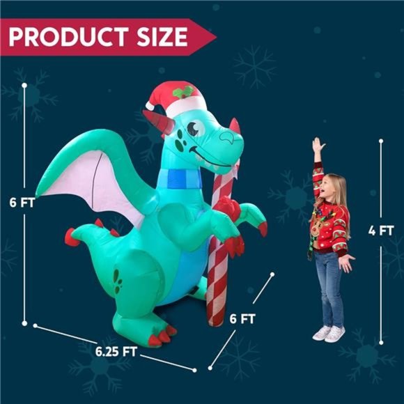 6 FT Christmas Blow Up Dragon Inflatable with Candy Cane with Build-in LEDs - Picture 5 of 7